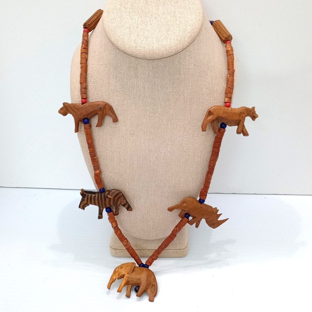 Hand Carved Wood Safari Animal Necklace Elephant Zebra Rhinoโ